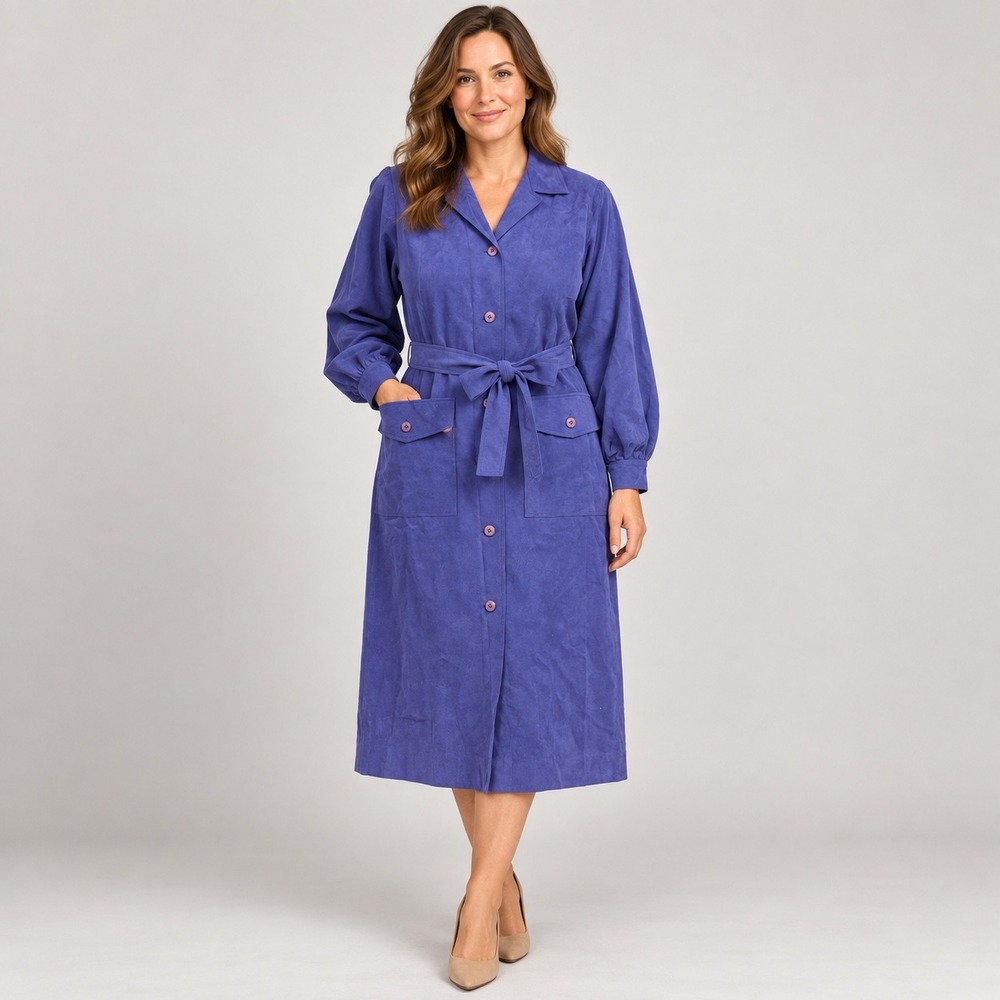 Ernst Strauss Trench Coat Women Large Purple Pure Wool Belted Vintage Longline